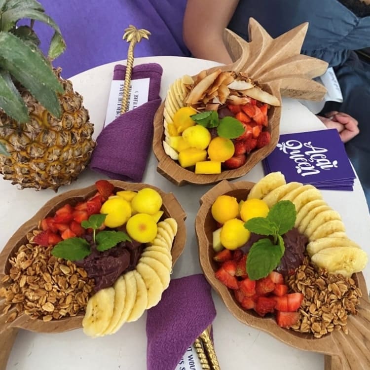 Delicious acai bowl superfood with fresh tropical fruits from Ubud, Bali.