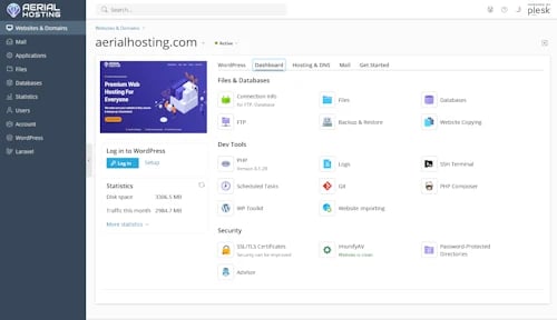 plesk control panel aerial hosting