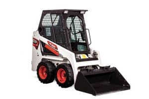 White earth-moving equipment rental skid steer with red wheels