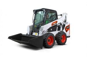 Black and white earth-moving equipment rental steer