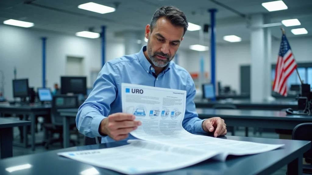 Certified auto glass shop interior with display racks of DOT and ISO-marked windshields.