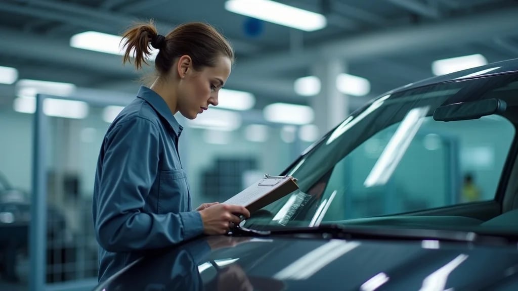 Modern car windshield close-up with clear DOT and ISO markings, inside a bright service garage.