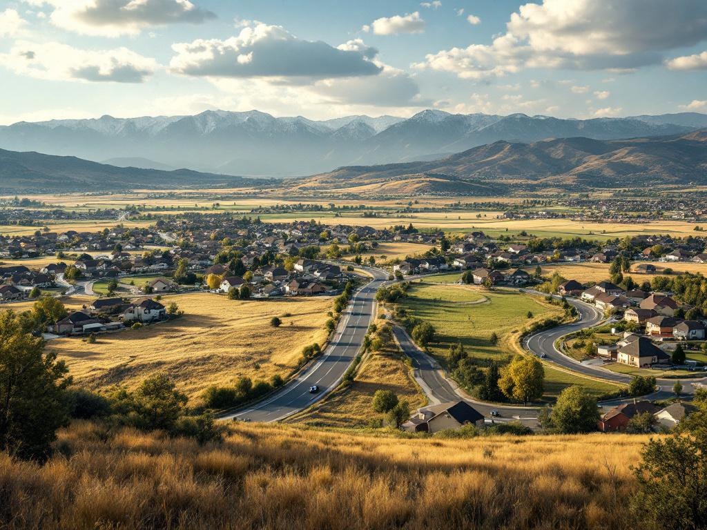 Scenic view of Parker, Colorado, showcasing suburban neighborhoods and winding roads against a backdrop of mountains, highlighting the area's unique driving conditions and natural beauty relevant to auto glass maintenance.