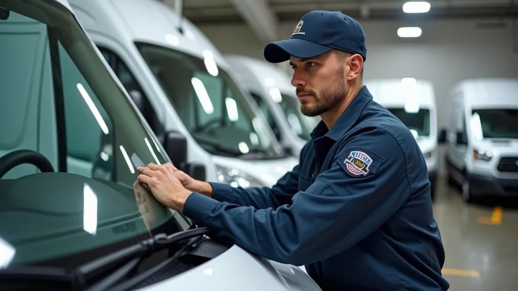 Auto glass technician providing quality glass services for commercial fleet vehicles