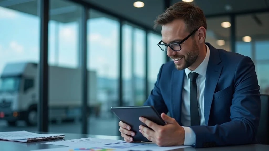 Fleet manager analyzing volume pricing options for commercial fleet glass services