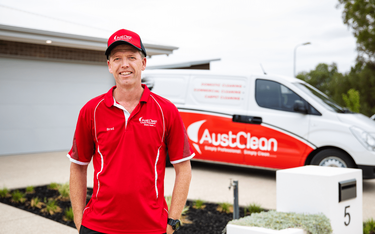 Port Lincoln Interior Cleaning Services 1 AustClean franchise owner with branded van and uniform – successful cleaning business franchise opportunity in Australia.