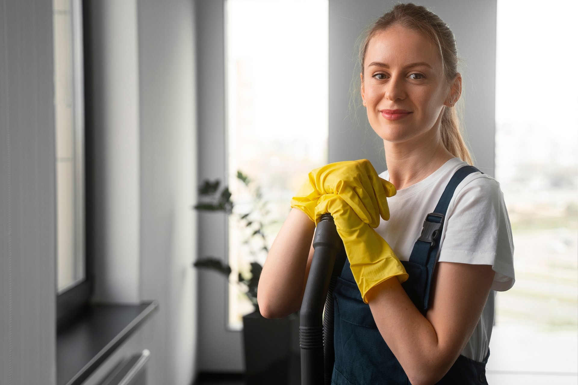 Is Professional Cleaning Worth It? 1 Smiling woman in yellow gloves and dark apron holding mop handle in bright modern home with large windows and plants