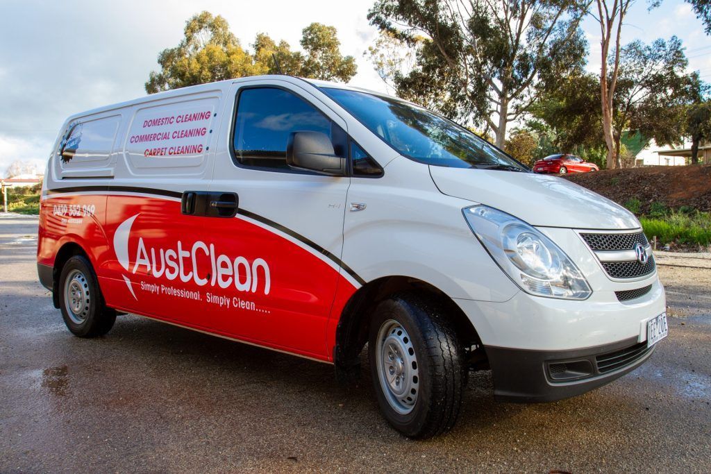 Robinvale Cleaning Services 1 AustClean Robinvale cleaning van – white service vehicle with red AustClean branding, promoting domestic, commercial, and carpet cleaning solutions in Robinvale and Sunraysia.
