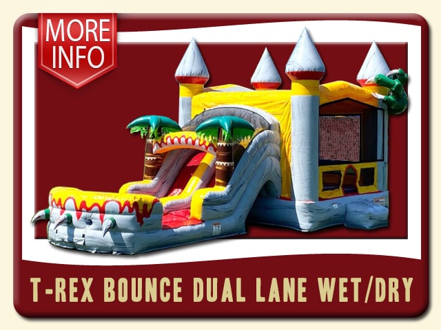 T-REX BOUNCE house & DUAL LANE slide COMBO rent inflatable â 3d Dino Teeth & dinosaur gray red yellow orange and green