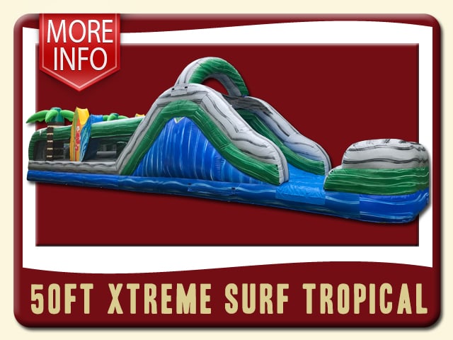 50ft Xtreme Surf Tropical Obstacle Course Rental can be used Wet & Dry â Surf Board - water blue, stone gray, and tropical green vinyl