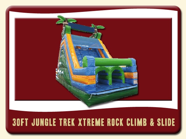 blowup obstacle course Rental is dark green, lime green, blue, fire orange & two 3d palm trees - 30â Rock & Climb Jungle Trek Obstacle