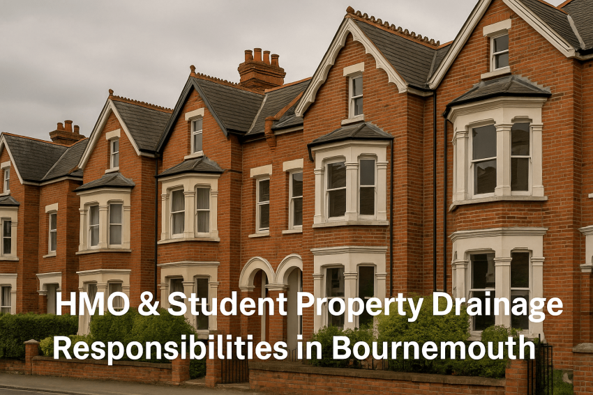 Row of student houses in Bournemouth representing HMO drainage responsibilities and solutions for blocked drains and drain unblocking services by Bournemouth Drains24.