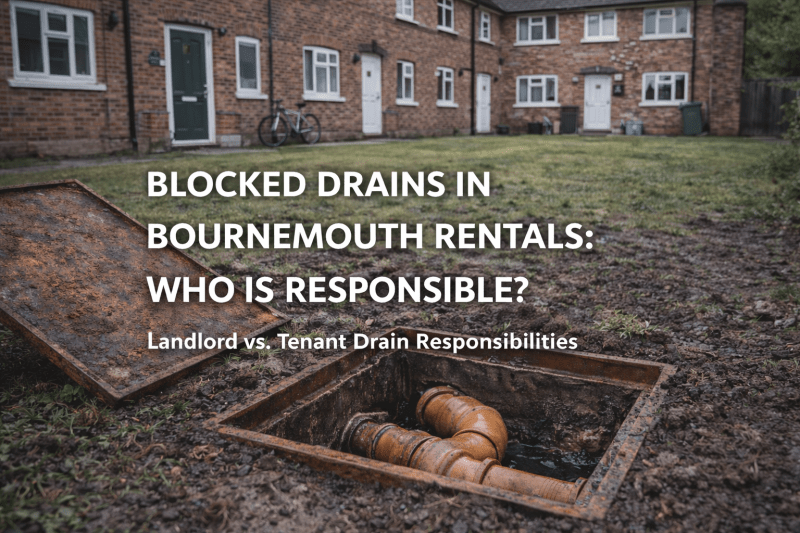 Open drainage inspection chamber outside a multiple-occupancy rental property in Bournemouth, showing blocked drains and shared drainage responsibility