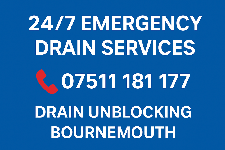 Blue promotional banner for 24/7 emergency drain services in Bournemouth by Drains24, showing phone icon and contact number 07511 181 177 in bold white text.