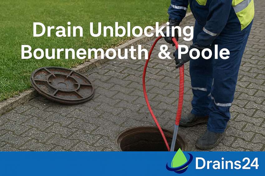 Drain technician using high-pressure jetting to unblock an outdoor drain in Bournemouth. Text reads 'Drain Unblocking Bournemouth & Poole' with Drains24 logo.