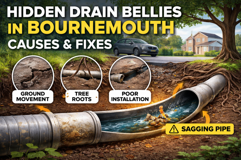 Illustration showing a sagging underground drain pipe belly with debris buildup, ground movement and tree root pressure in Bournemouth drainage system
