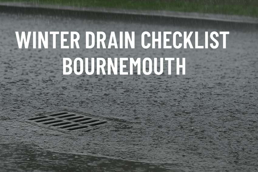 Heavy rainfall on a Bournemouth residential street with water flowing into drains, illustrating winter drain maintenance and flood prevention.