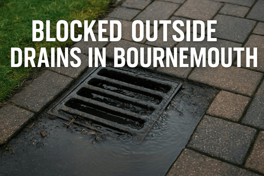 Water pooling around an outside drain in a Bournemouth garden showing early signs of blockage.