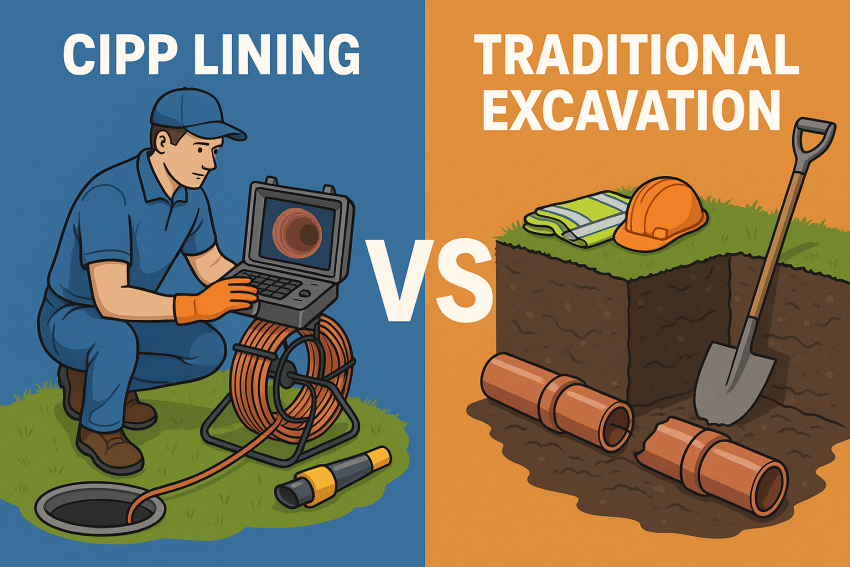 Side-by-side visual comparing CIPP lining and excavation methods used to repair blocked drains in Bournemouth, featuring tools, pipe damage, and repair techniques.