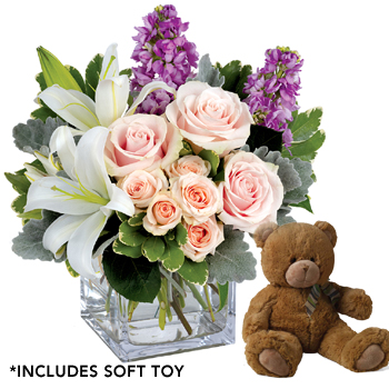 Watercolour Wishes Floral Arrangement with Teddy