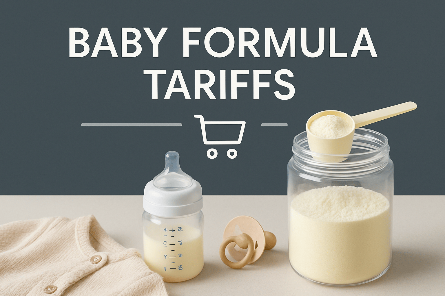 A jar and a bottle of baby formula, a scoop, a pacifier, and a sweater are arranged below the text "Baby Formula Tariffs" on a gray background.