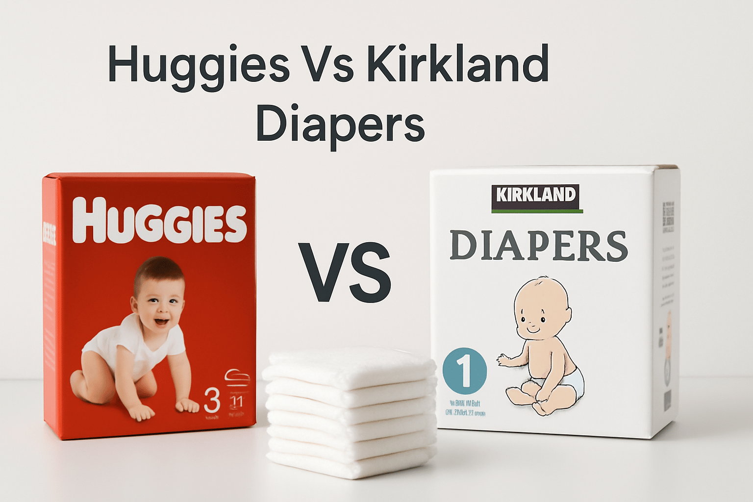 Two diaper boxes, Huggies on the left and Kirkland on the right, are displayed with a stack of diapers in between, emphasizing a comparison between the brands.