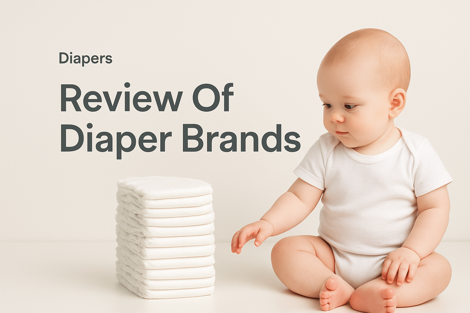 A baby in a white onesie sits next to a stack of diapers. Text reads: "Diapers. Review of Diaper Brands.