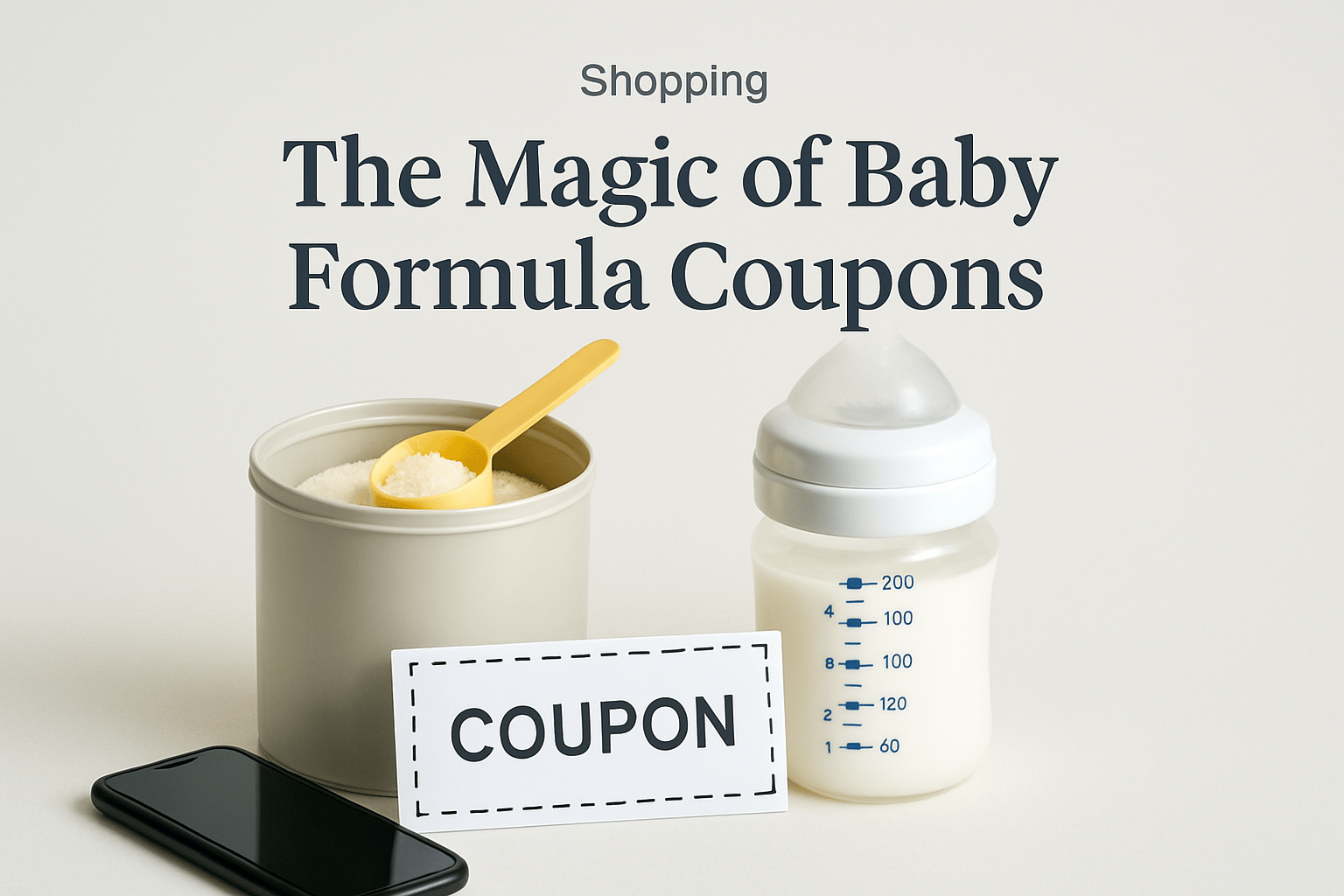 A container of baby formula with a scoop, a baby bottle filled with milk, a smartphone, and a coupon card are arranged on a light surface.