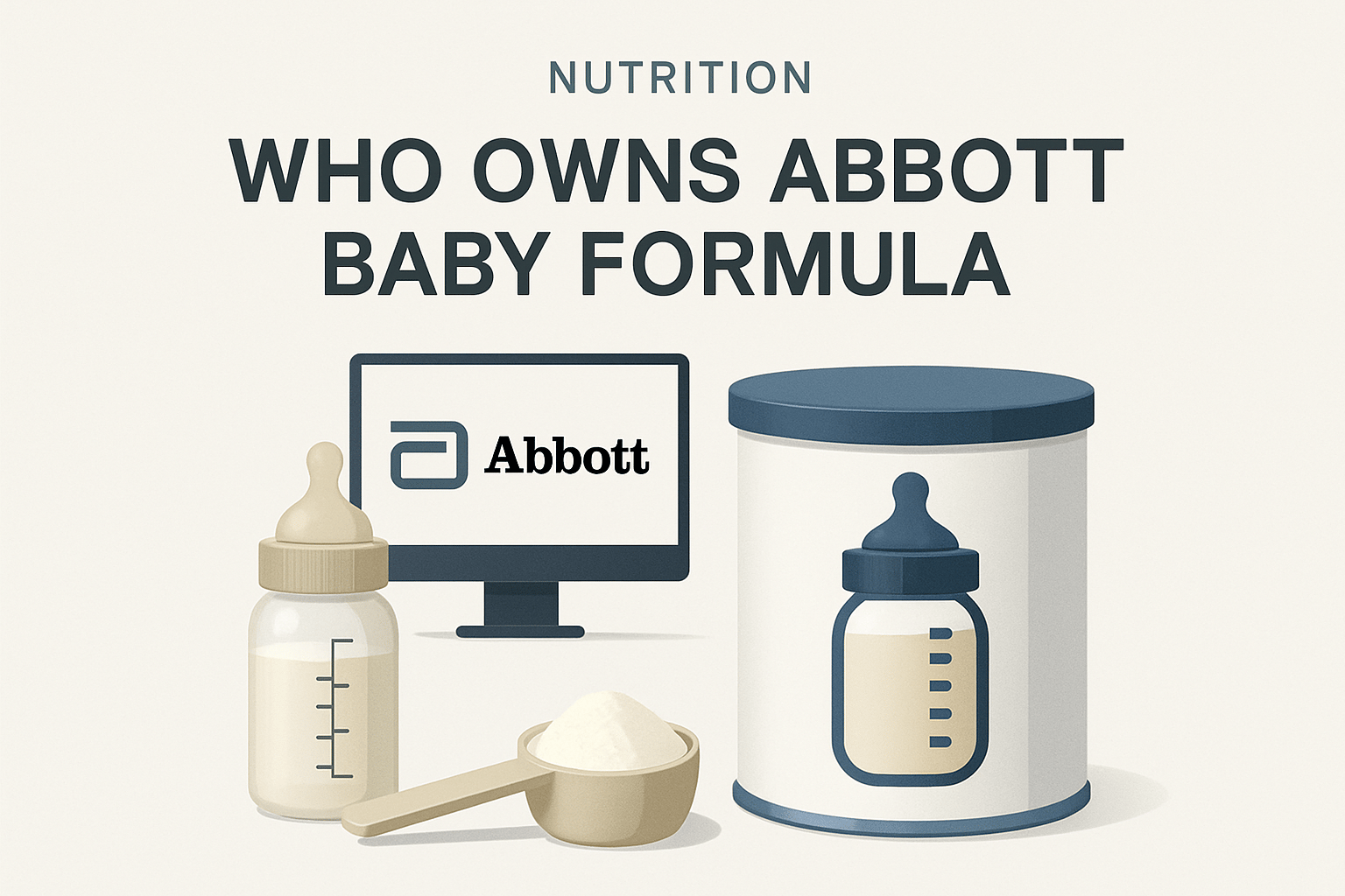 Illustration showing baby formula containers, a scoop of powder, and a computer screen with the Abbott logo, under the headline "Who Owns Abbott Baby Formula.