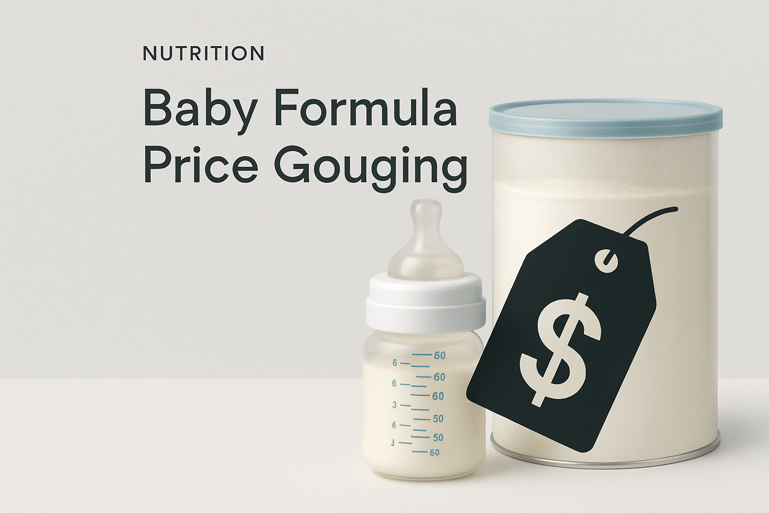 A baby formula can and bottle are shown with a large price tag symbol; the text reads “Baby Formula Price Gouging.”.