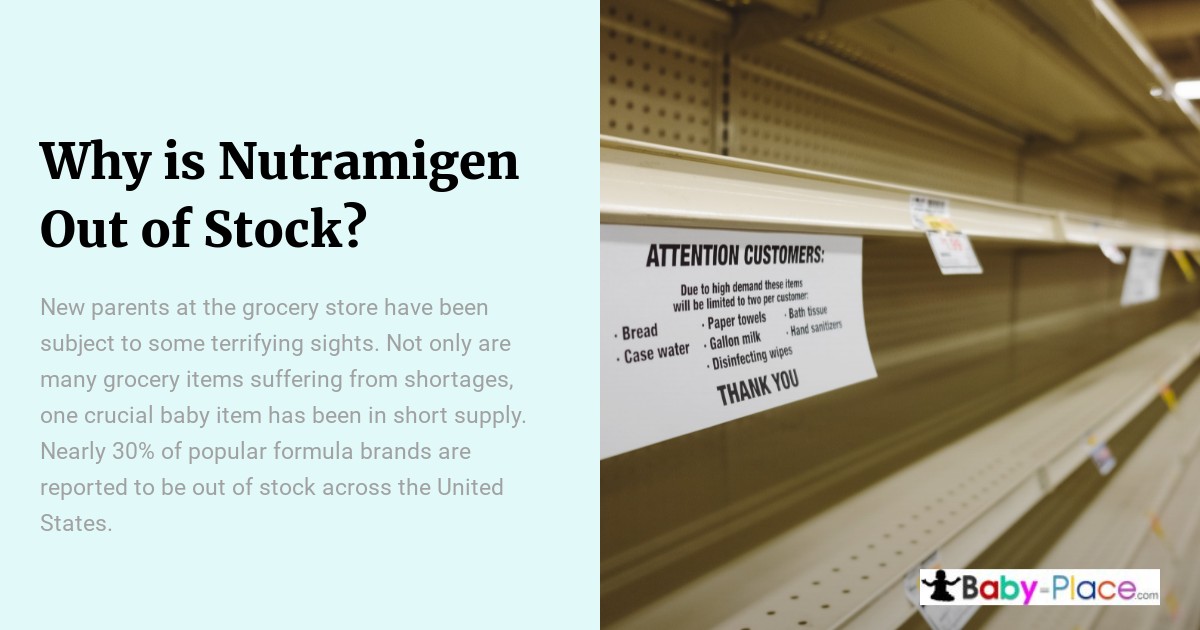Empty grocery store shelves with a sign informing customers of a shortage in baby formula, bread, and other staples.