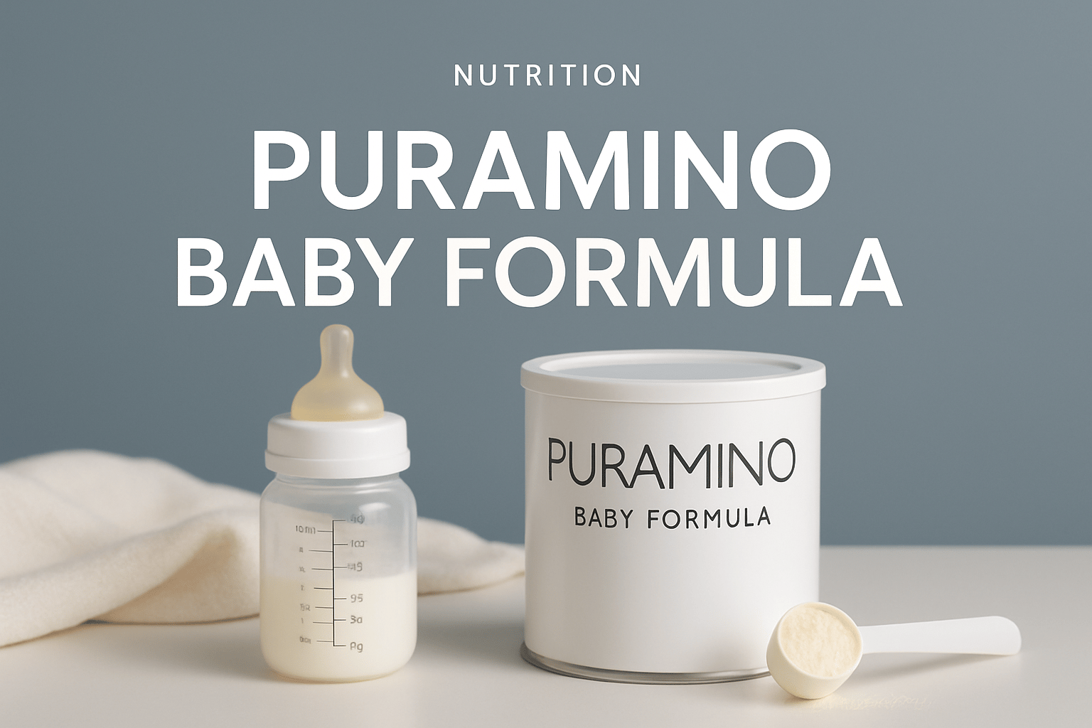A container labeled "Puramino Baby Formula," a baby bottle with formula, a scoop, and a soft cloth are displayed on a light surface against a gray-blue background.