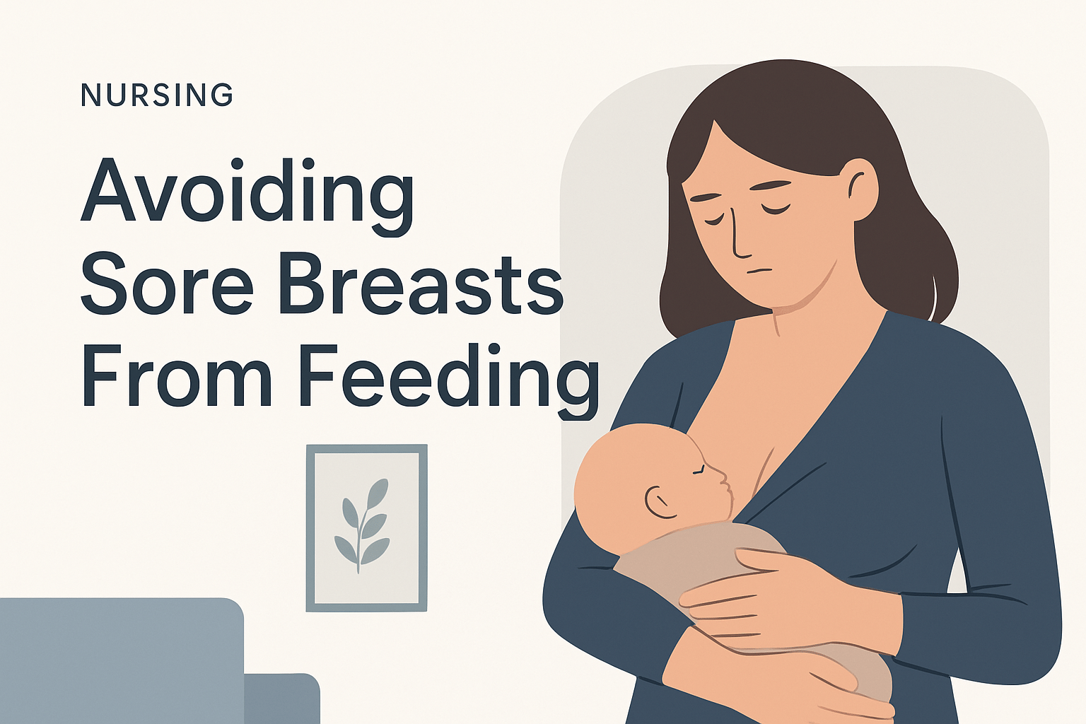 Illustration of a woman breastfeeding a baby, accompanied by text that reads "Nursing: Avoiding Sore Breasts From Feeding.