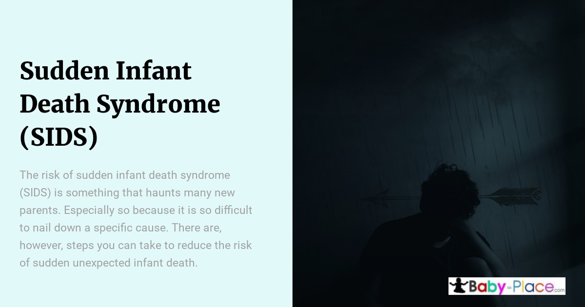 A person sits in a dark room with their head bowed; on the left, text explains the risks and uncertainties of sudden infant death syndrome (SIDS).