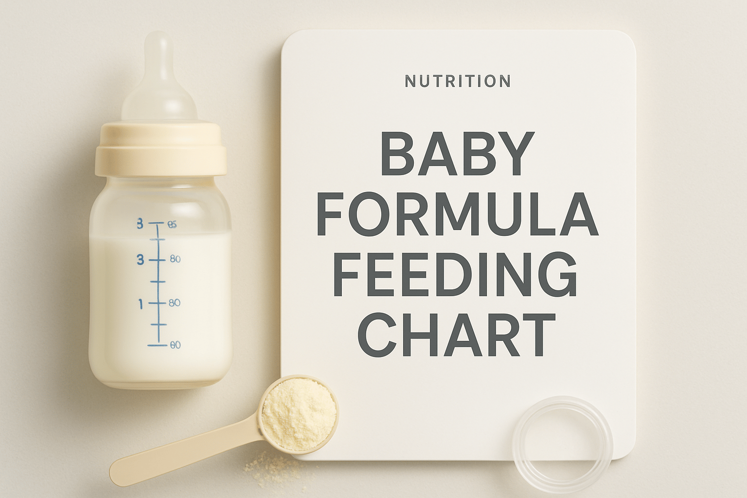 A baby bottle filled with formula, a scoop of powdered formula, and a clear lid are next to a sign that reads "Baby Formula Feeding Chart.