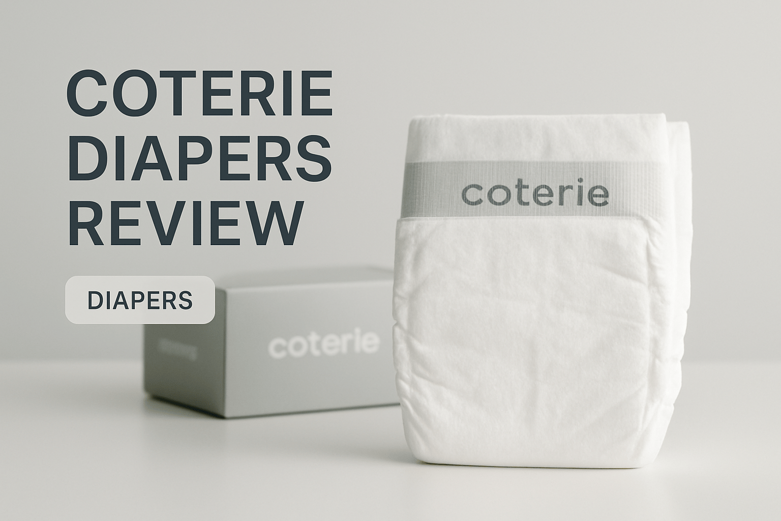 A Coterie diaper stands upright in front of a gray Coterie box, with the text "Coterie Diapers Review" and a "Diapers" label on the left.