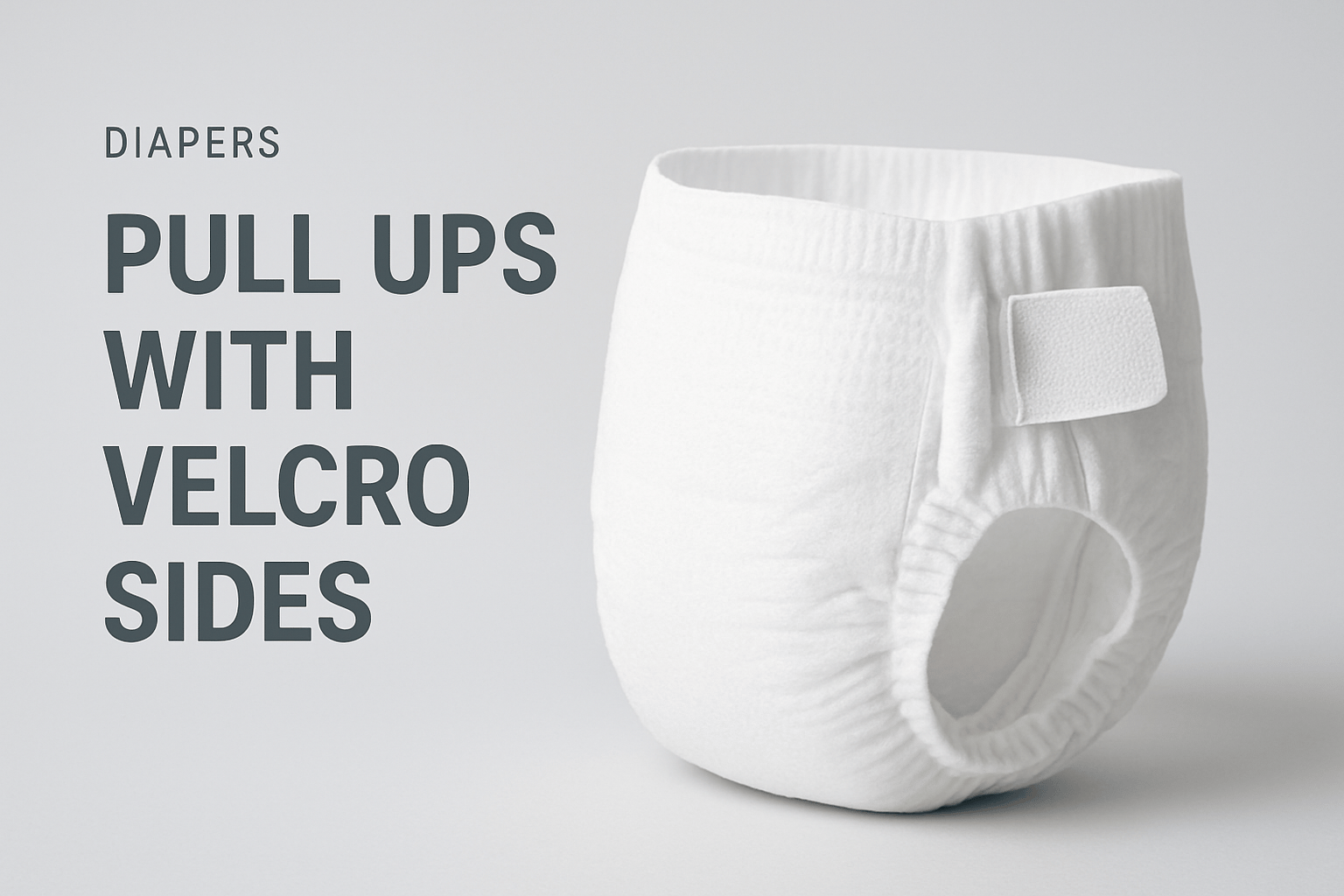 A white pull-up diaper with Velcro sides is displayed on a light background, with the text "Diapers: Pull ups with Velcro sides" to the left.