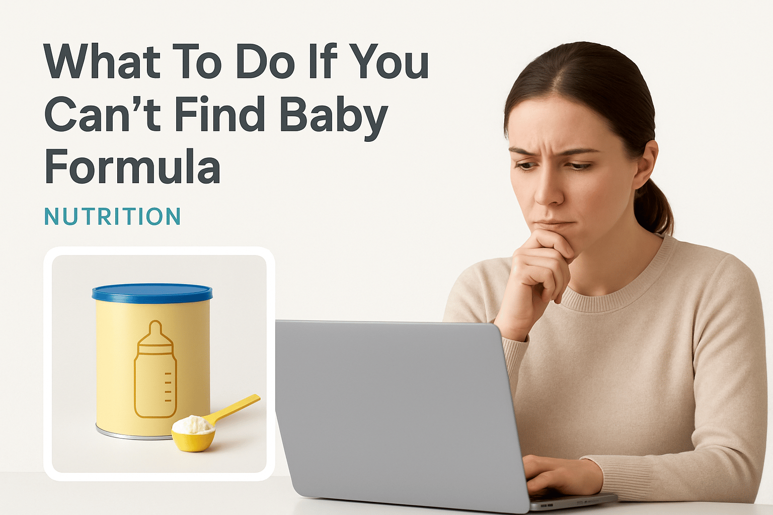 A woman looks at a laptop with concern; next to her is a can of baby formula and a scoop. Text reads: “What To Do If You Can’t Find Baby Formula. Nutrition.”.