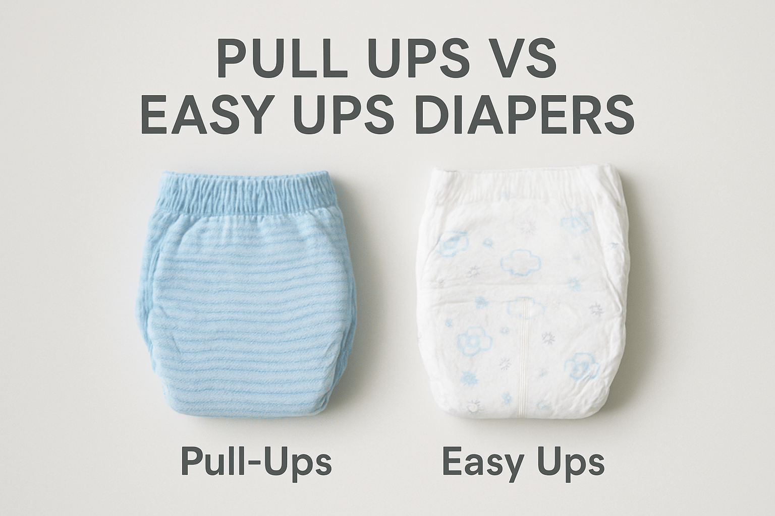 Two types of training pants are shown side by side: a blue Pull-Up on the left and a white Easy Up with patterns on the right, labeled with bold text above each.