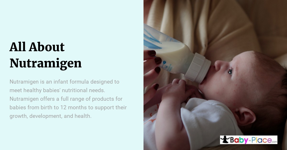 Baby drinking from a bottle. Text on the left describes Nutramigen formula for infants, supporting growth from birth to 12 months. Baby-Place.com logo is at the bottom.
