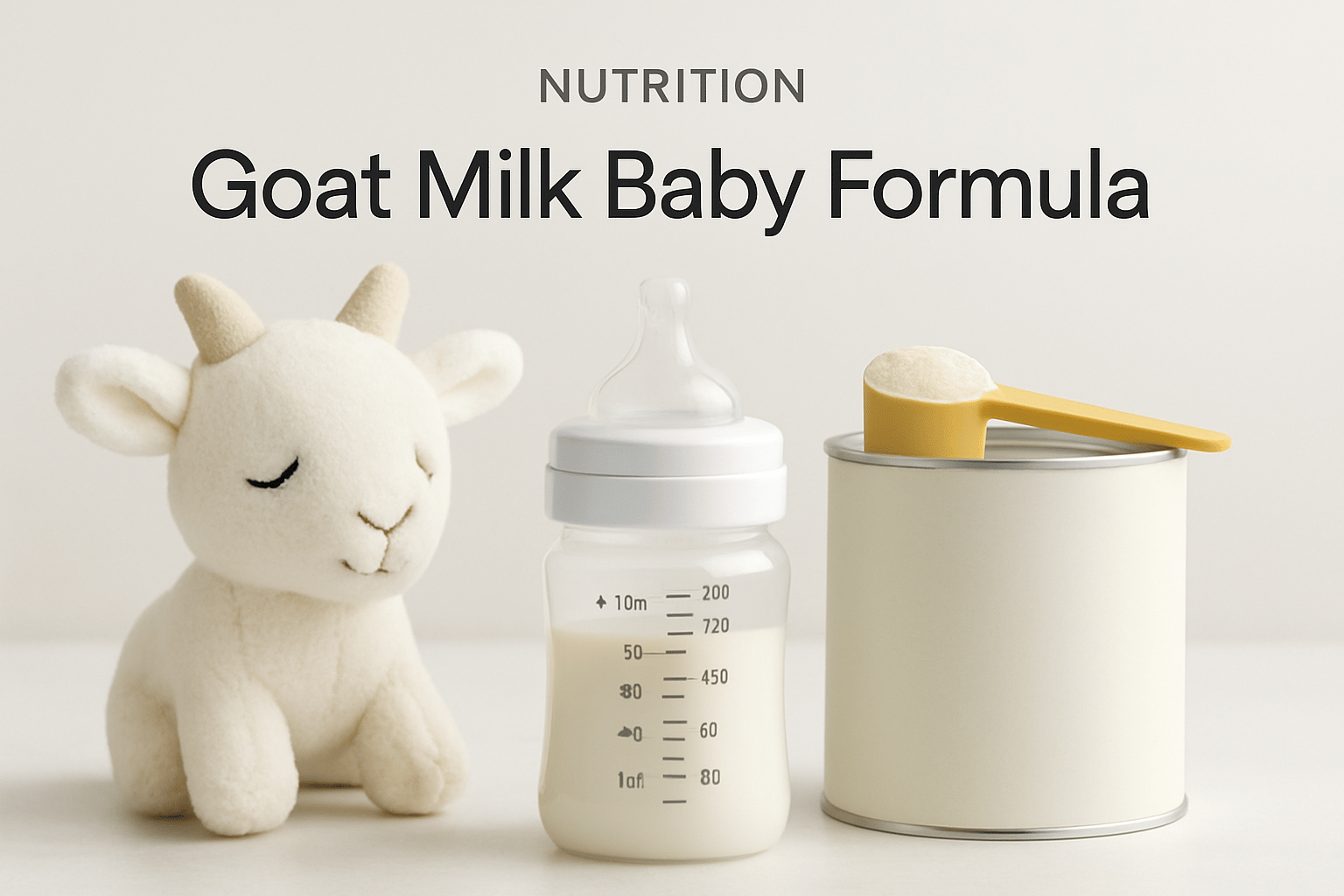 A plush goat, a baby bottle filled with milk, and a can of formula with a scoop are arranged side by side beneath the words "Goat Milk Baby Formula.