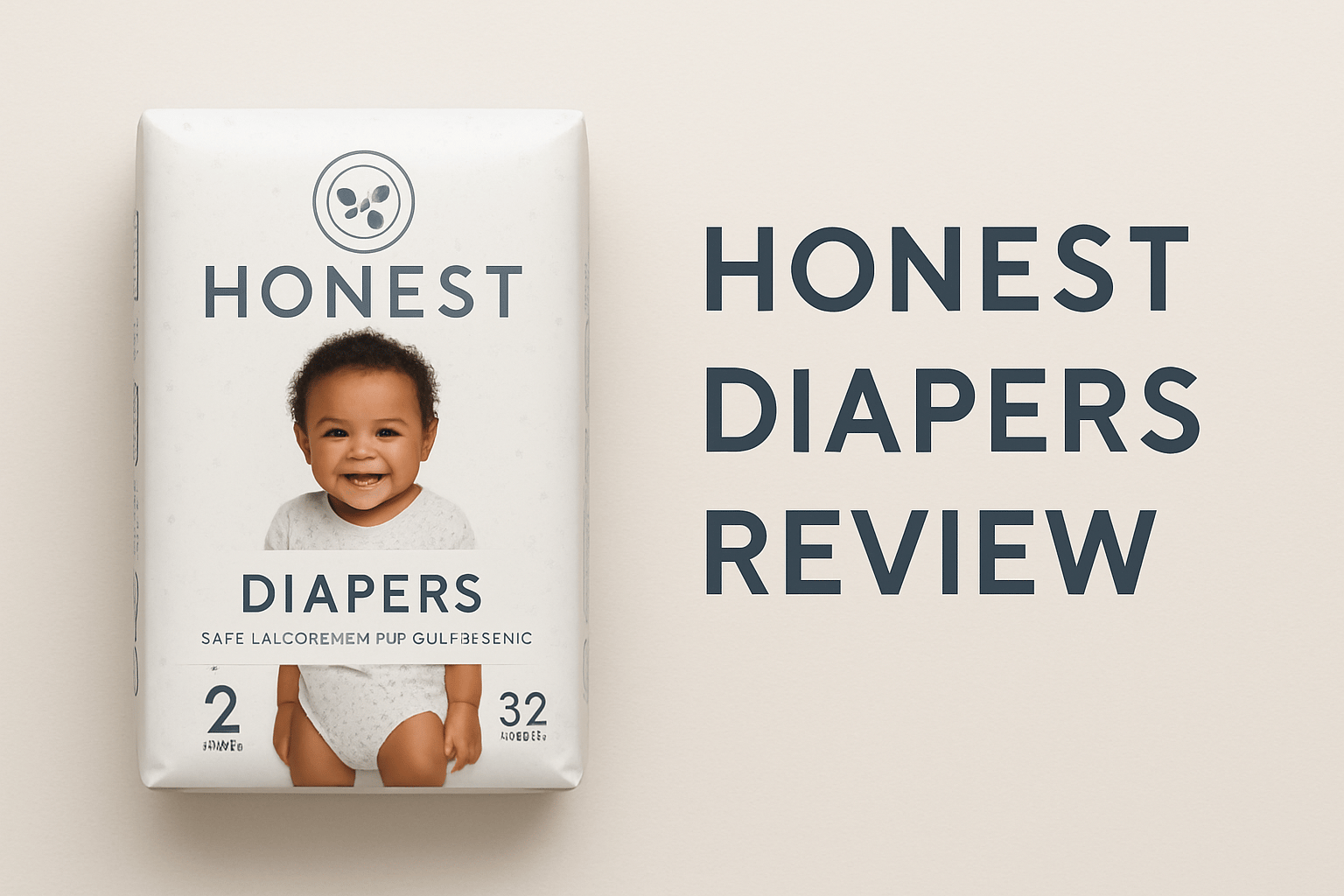 A package of Honest brand size 2 diapers with a smiling baby on the front is shown next to the text “Honest Diapers Review” on a beige background.