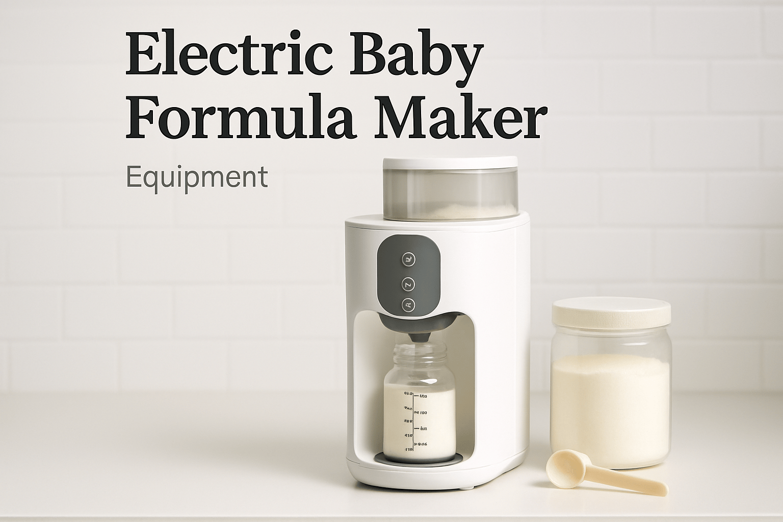 Electric baby formula maker dispensing formula into a bottle next to a jar of formula powder and a measuring spoon on a white countertop.