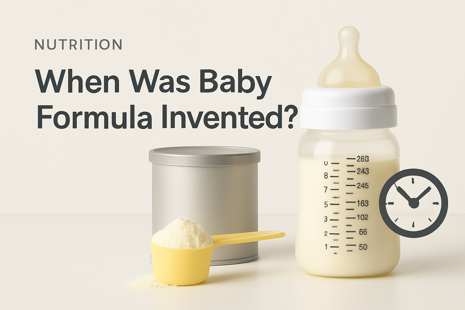 A baby bottle filled with formula, a scoop of powdered formula, a canister, and a clock, with text asking, "When Was Baby Formula Invented?.