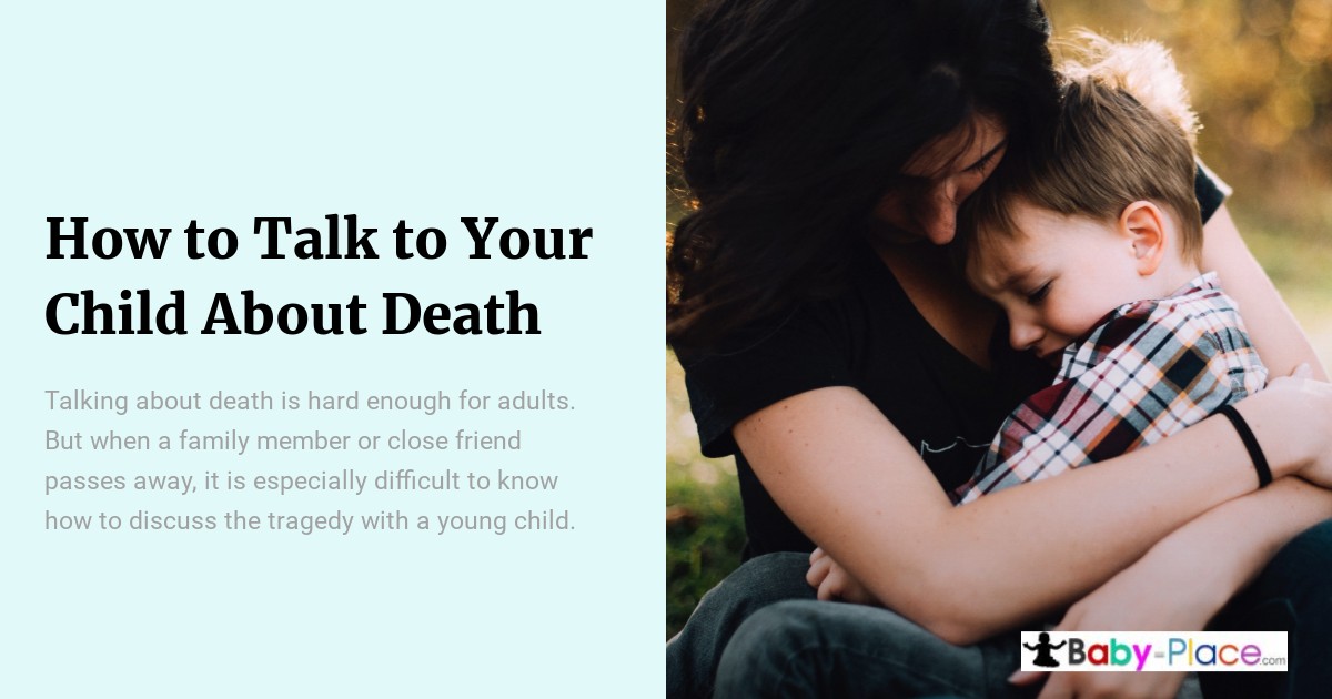 A woman hugs a young boy who appears sad, illustrating a moment of comfort. Text on the left discusses talking to children about death.