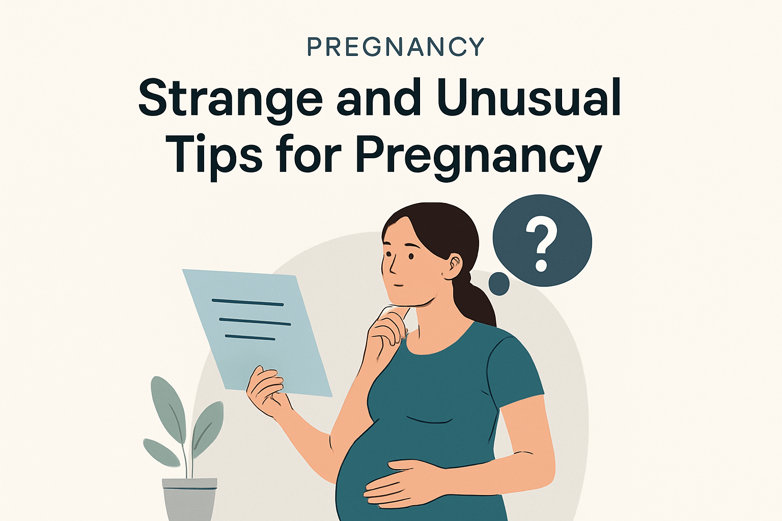 Illustration of a pregnant woman holding a sheet of paper with a questioning expression, above the text “Strange and Unusual Tips for Pregnancy.”.
