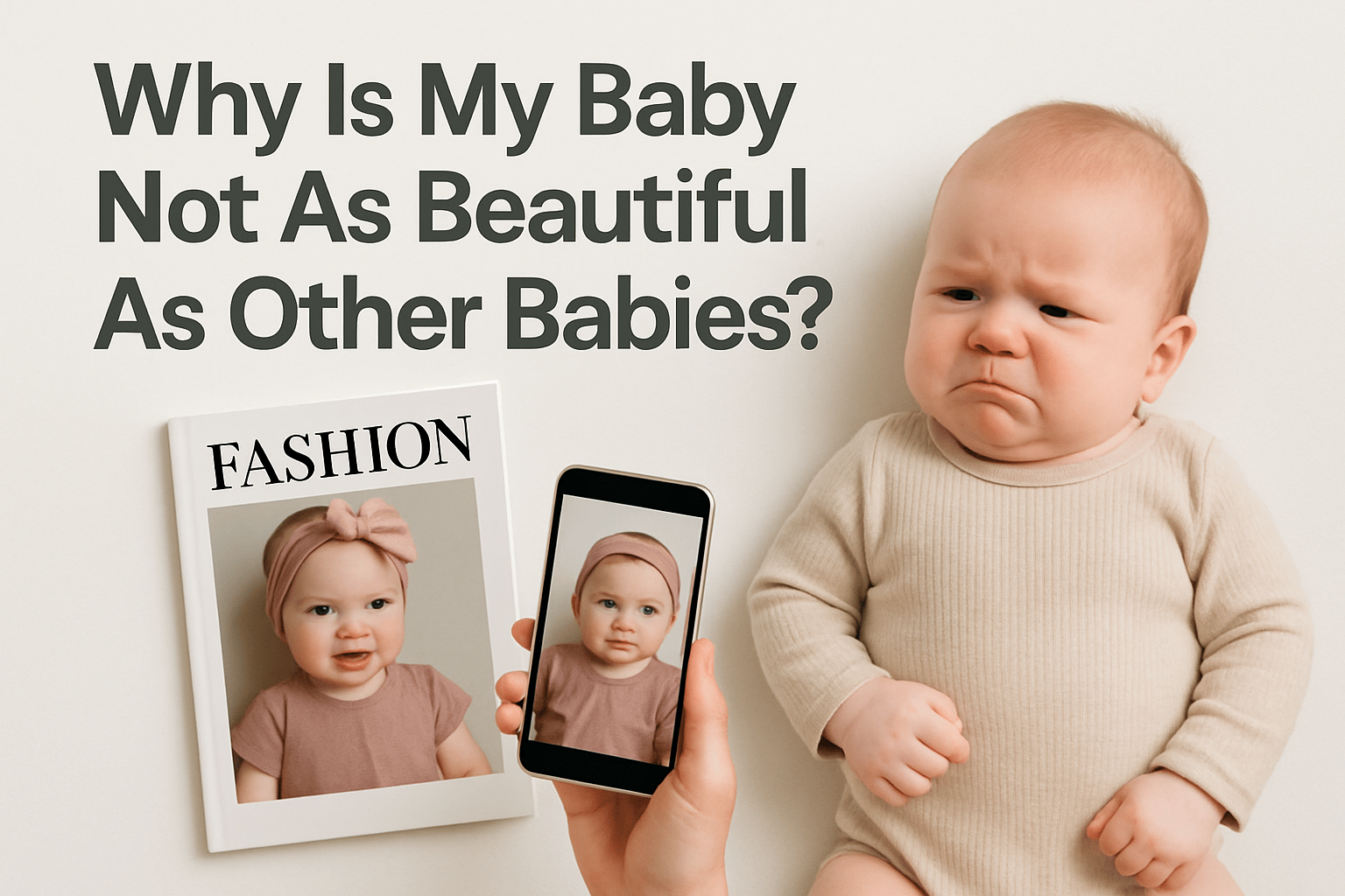 A person holds a phone showing a photo of a smiling baby next to a fashion magazine with a similar baby; a different baby in beige sits beside them with a displeased expression.