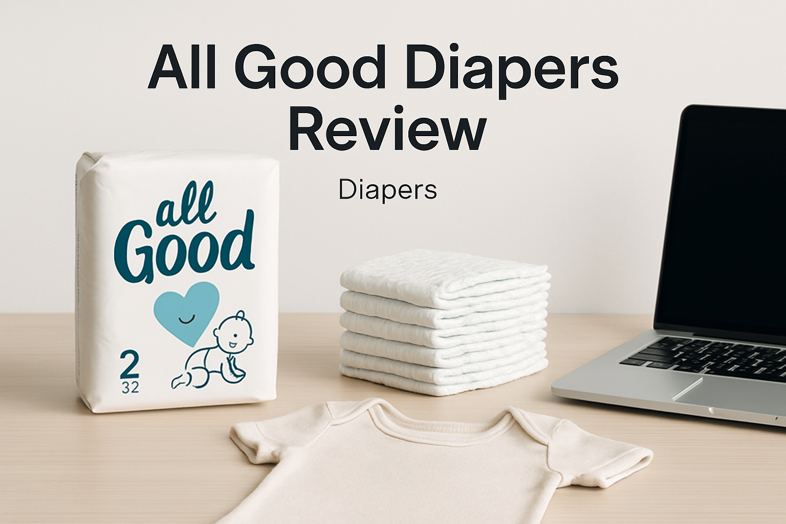 A pack of All Good Diapers, a stack of folded diapers, a baby onesie, and a laptop are arranged on a desk with the text “All Good Diapers Review” above.