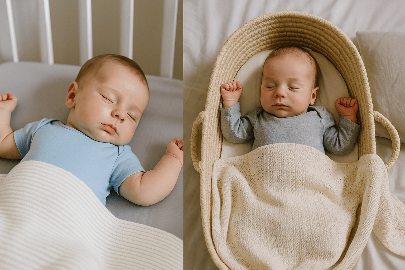 Two babies are sleeping, each lying on their back with a blanket. The baby on the left is in a crib, and the baby on the right is in a basket.