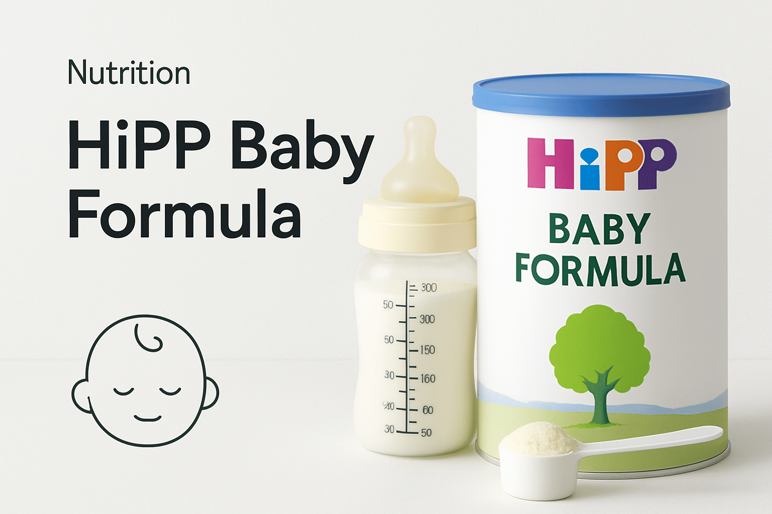 A can of HiPP Baby Formula, a baby bottle with milk, a scoop of formula powder, text reading "Nutrition HiPP Baby Formula," and a simple line drawing of a baby's face.